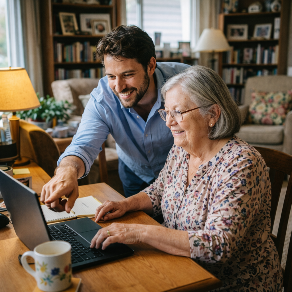 A smiling elderly woman using a laptop with assistance from a younger man pointing at the screen
